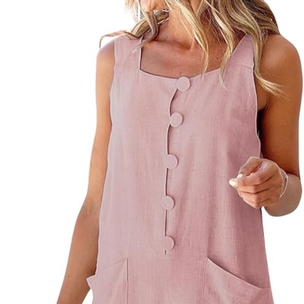 Women Shorts Overall Front Button Cotton Linen Summer Wide Leg Shorts Romper